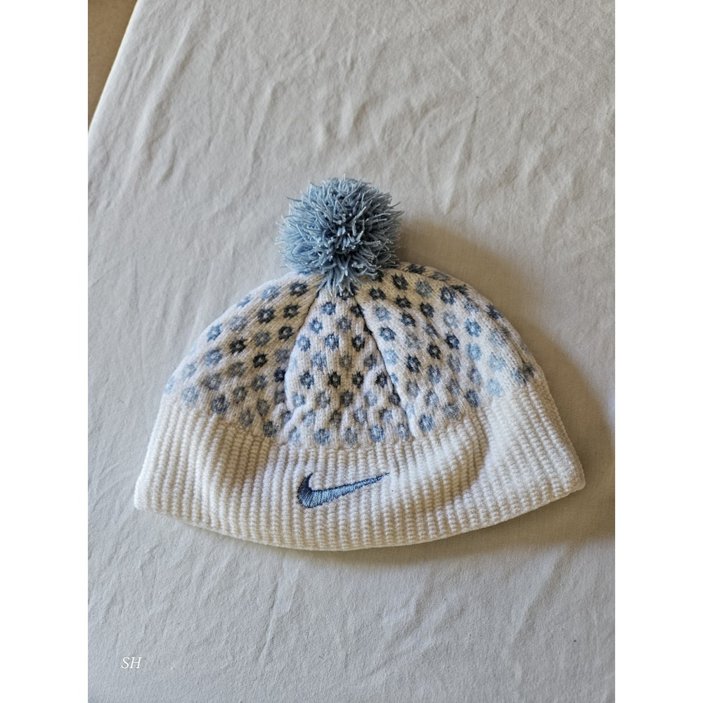 Girls White Blue‎ Pom Pom Beanie Winter Hat Fleece Lined Knit One Size